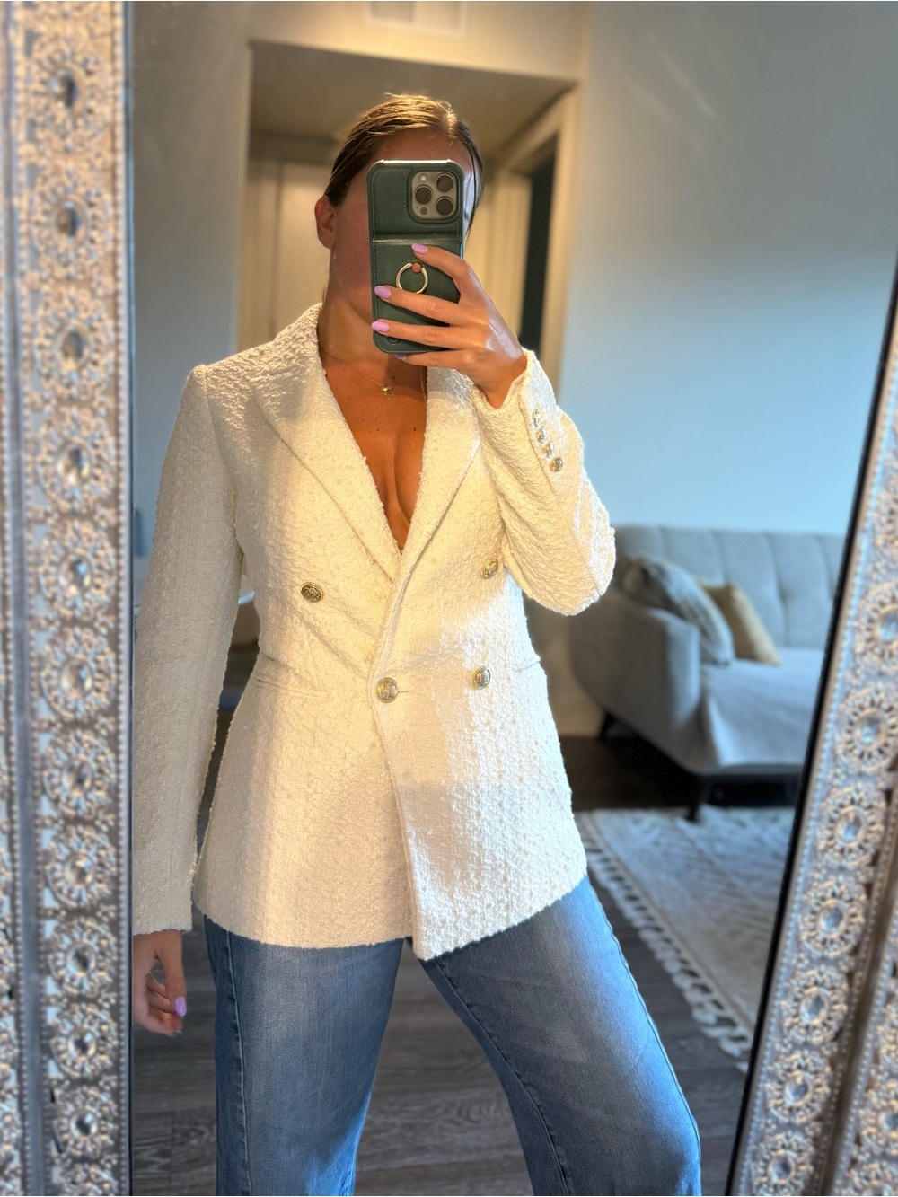H&M Cream Double-Breasted Textured Blazer